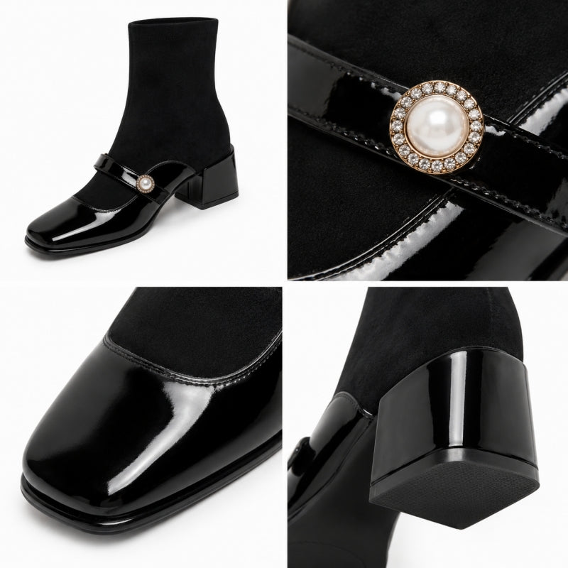 Women's Patent Leather-Toe Block-heel Martin Boots