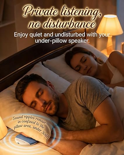 Under Pillow Speakers Bluetooth for Sleeping Bone Conduction Pillows Speaker with White Noise Timer Wireless Sleep Aid with Stereo Bass  Private Mini Portable Wireless Bedside Privacy & Meditation