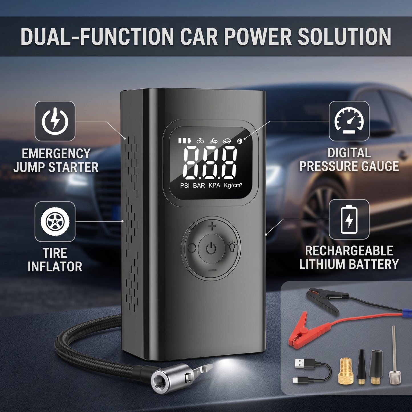 All-in-one car inflator and jump starter