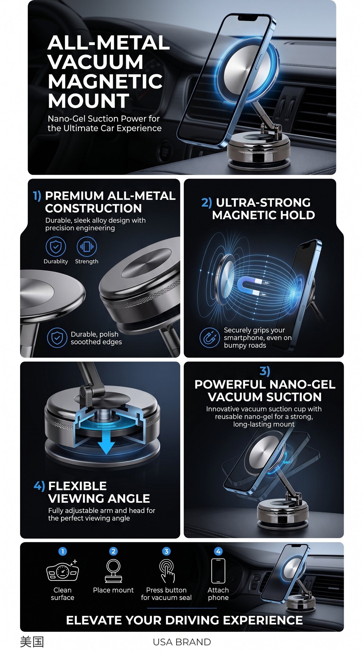Metal Magnetic Car Phone Holder with Nano Gel Vacuum Suction Cup