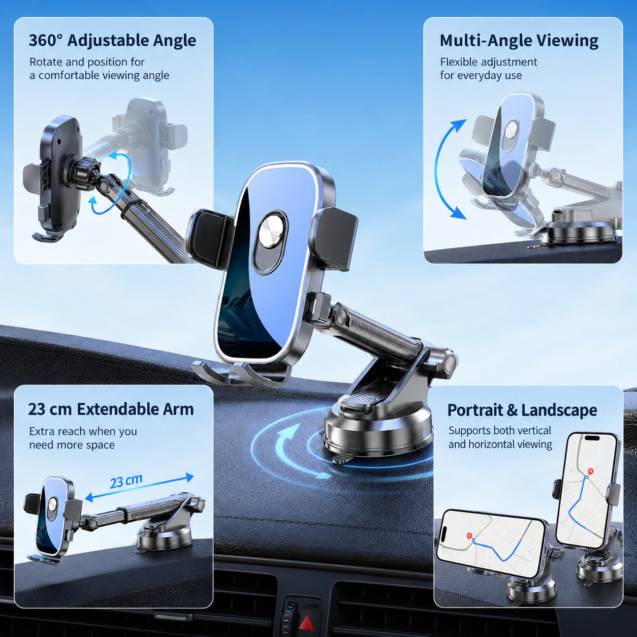 Adjustable Suction Cup Car Phone Mount with Telescopic Arm