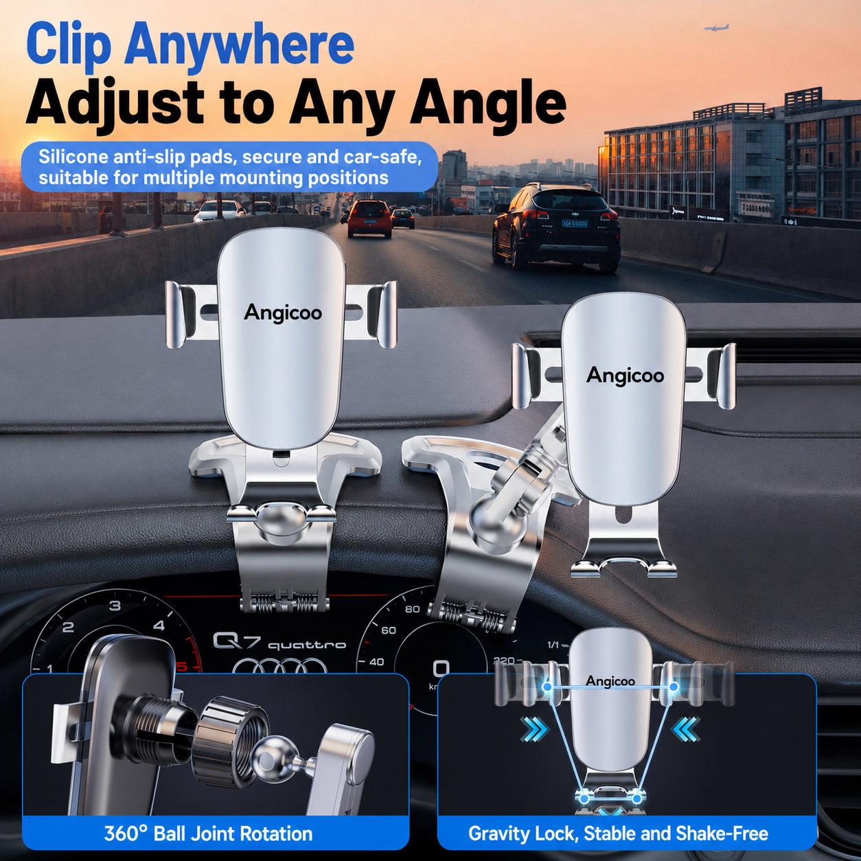 Adjustable Car Phone Holder with Alloy Clip Arm and Gravity Clamp