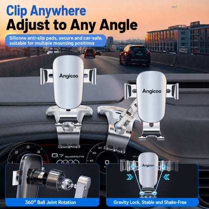 Adjustable Car Phone Holder with Alloy Clip Arm and Gravity Clamp