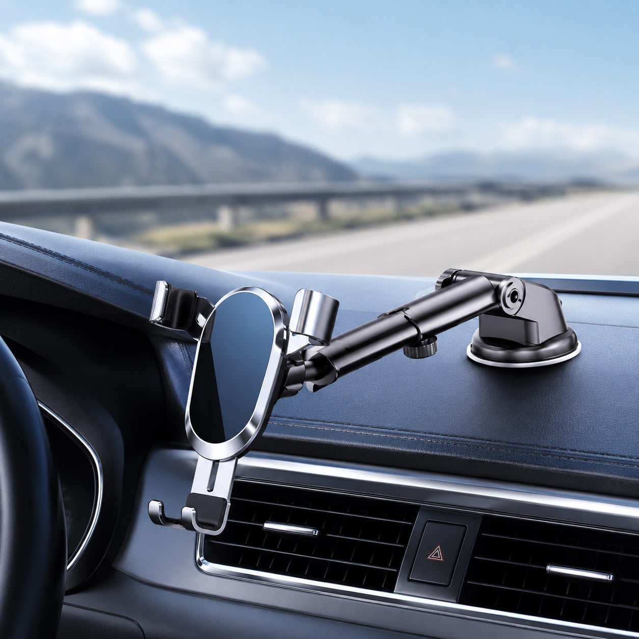 Adjustable Car Phone Holder with Suction Cup Base and Extendable Arm