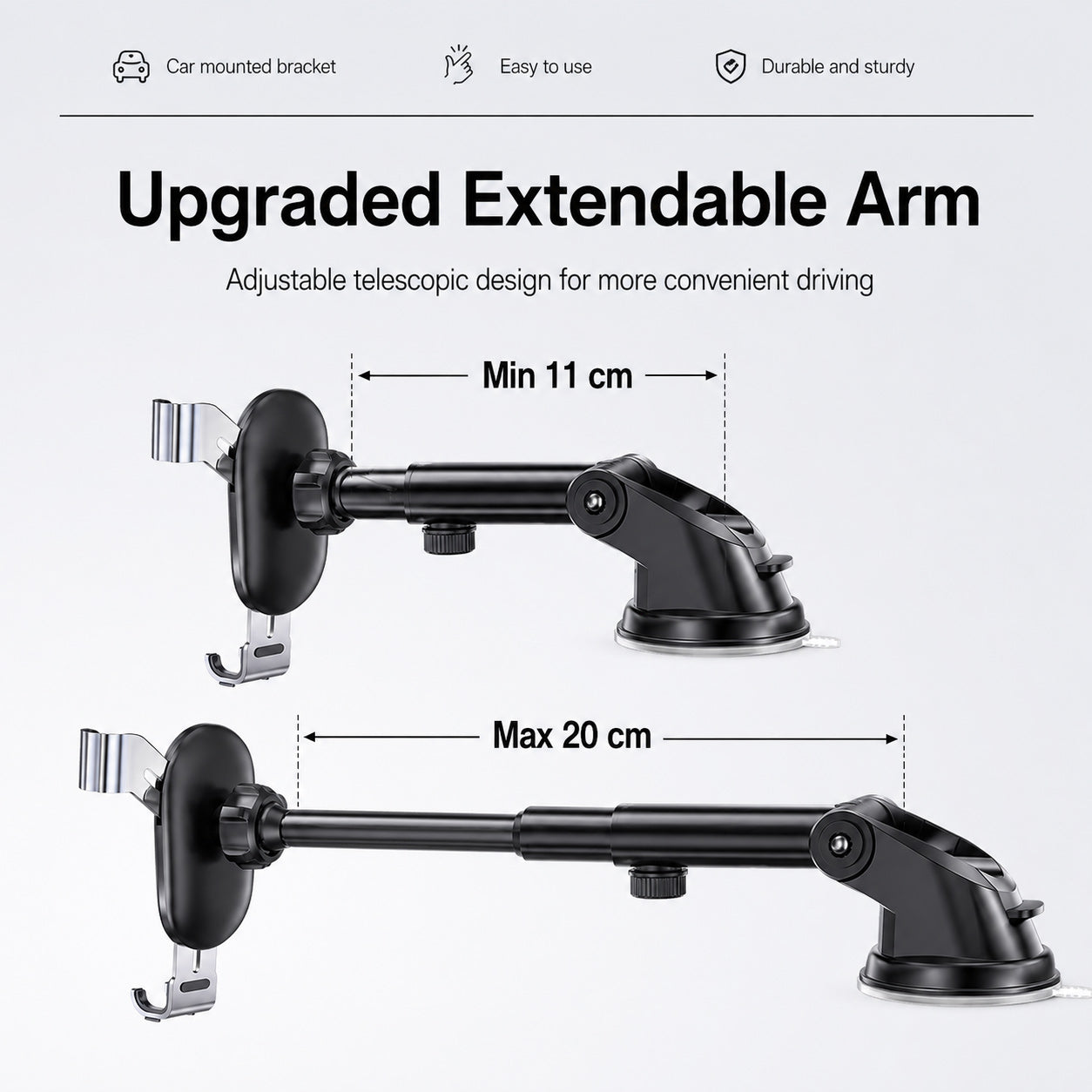 Adjustable Car Phone Holder with Suction Cup Base and Extendable Arm