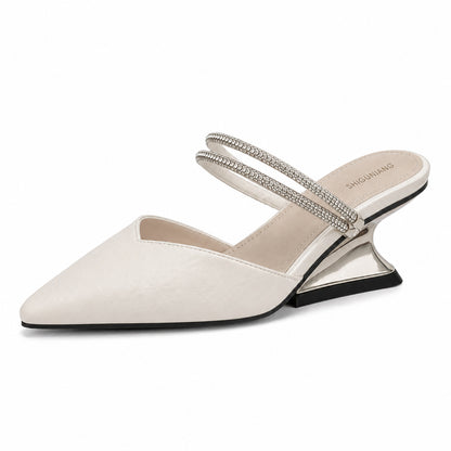 Women’s Pointed Toe Wedge Mule Sandals with Crystal-Look Double Strap