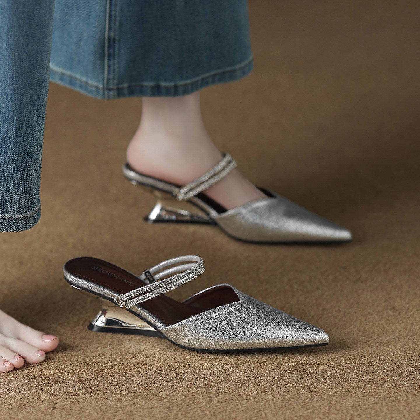 Women’s Pointed Toe Wedge Mule Sandals with Crystal-Look Double Strap