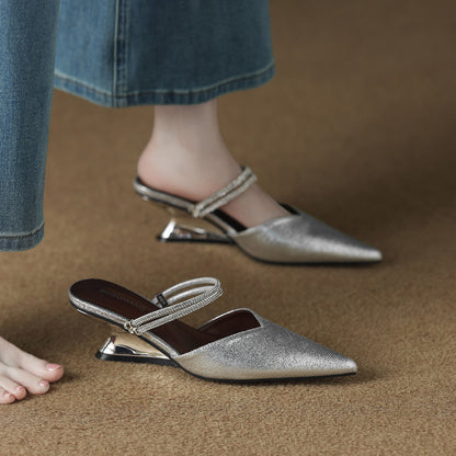 Women’s Pointed Toe Wedge Mule Sandals with Crystal-Look Double Strap
