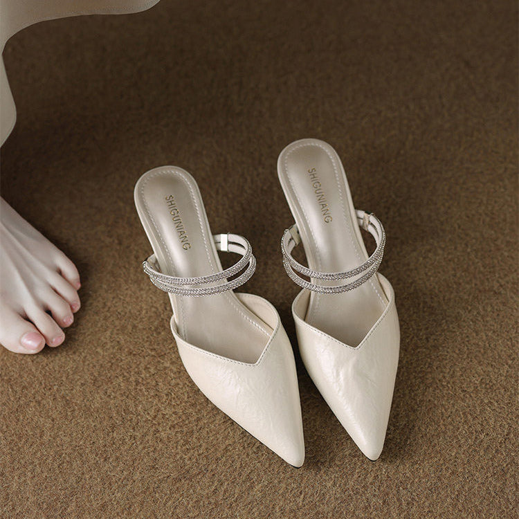 Women’s Pointed Toe Wedge Mule Sandals with Crystal-Look Double Strap