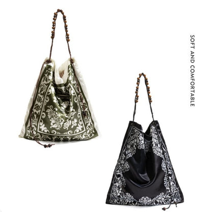 Bohemian Scarf Print Shoulder Bag with Wooden Beaded Strap