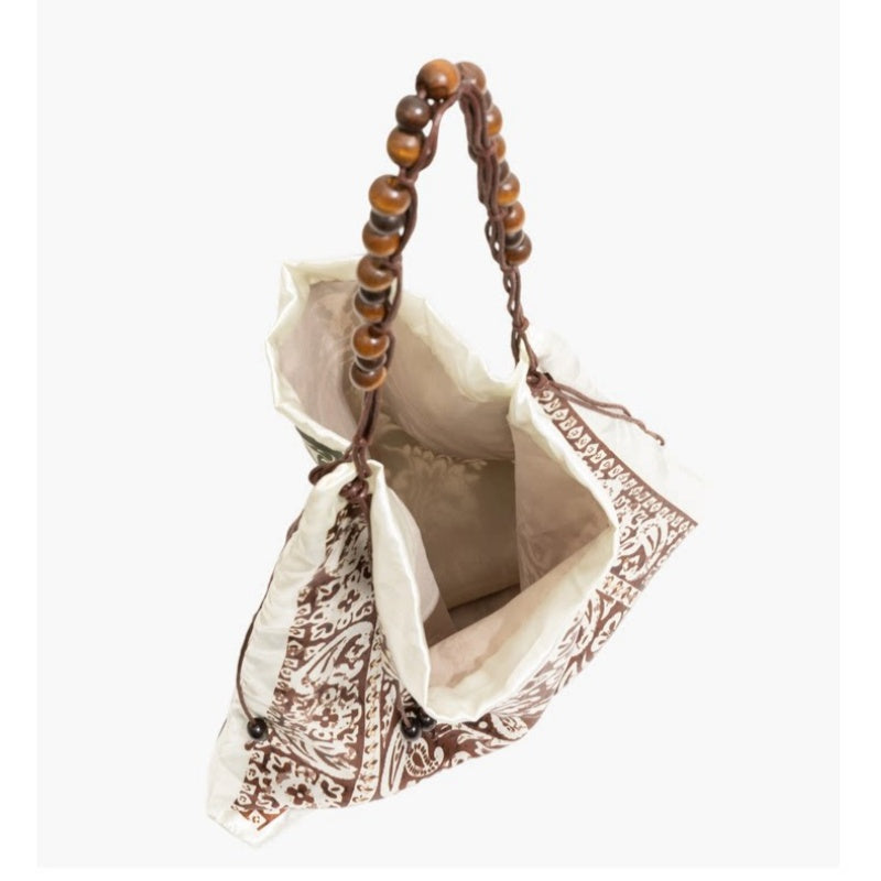 Bohemian Scarf Print Shoulder Bag with Wooden Beaded Strap