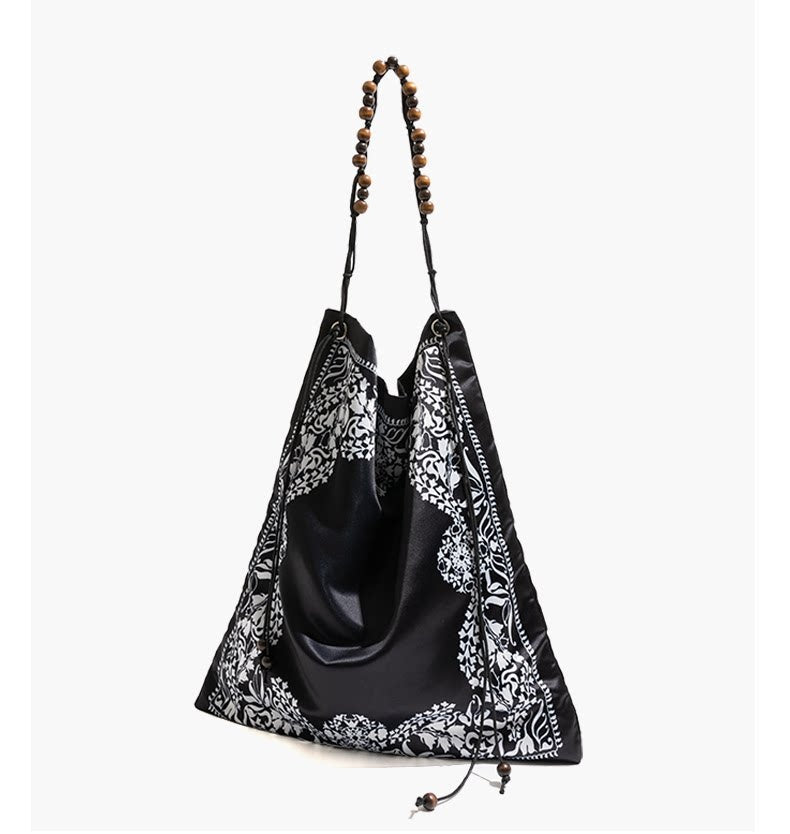 Bohemian Scarf Print Shoulder Bag with Wooden Beaded Strap