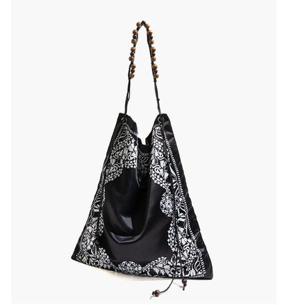 Bohemian Scarf Print Shoulder Bag with Wooden Beaded Strap
