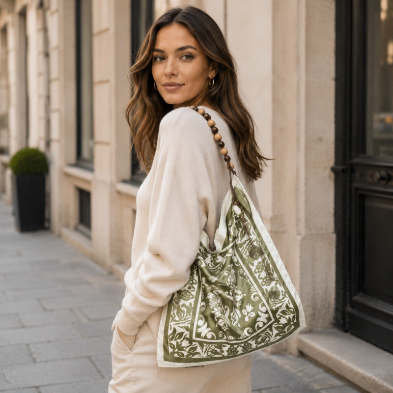 Bohemian Scarf Print Shoulder Bag with Wooden Beaded Strap