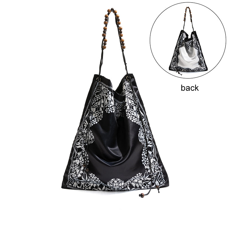 Bohemian Scarf Print Shoulder Bag with Wooden Beaded Strap
