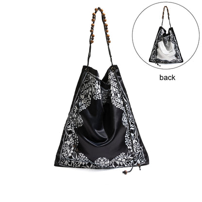 Bohemian Scarf Print Shoulder Bag with Wooden Beaded Strap