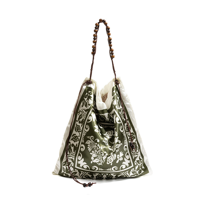 Bohemian Scarf Print Shoulder Bag with Wooden Beaded Strap