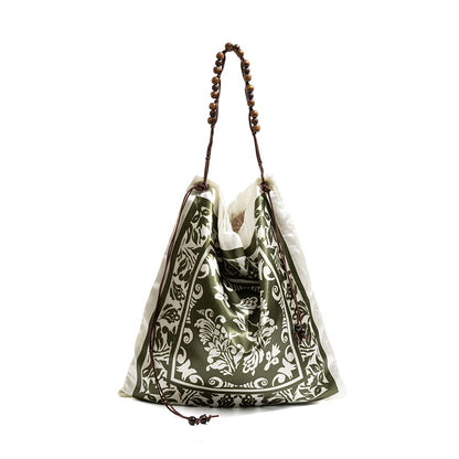Bohemian Scarf Print Shoulder Bag with Wooden Beaded Strap