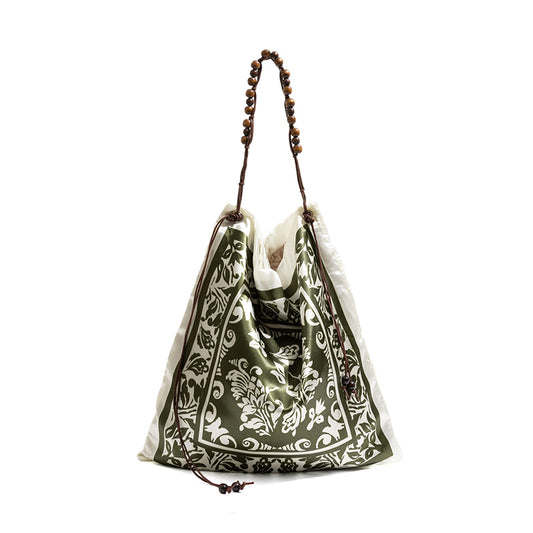 Bohemian Scarf Print Shoulder Bag with Wooden Beaded Strap
