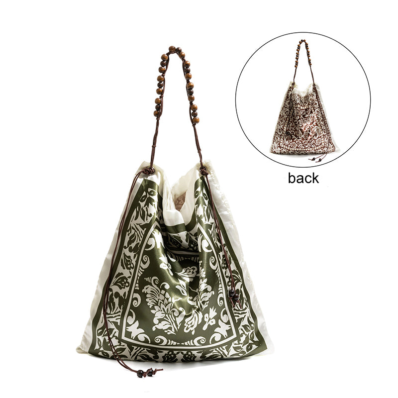 Bohemian Scarf Print Shoulder Bag with Wooden Beaded Strap