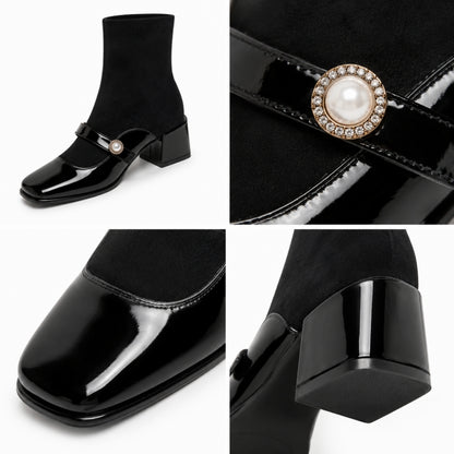 Women's Patent Leather-Toe Block-heel Martin Boots