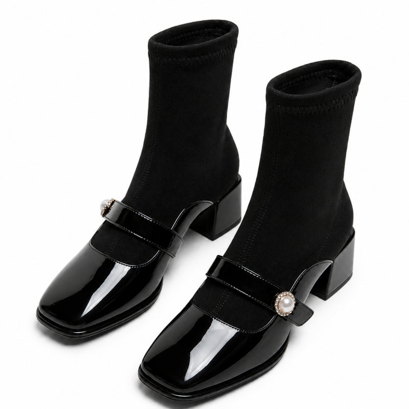 Women's Patent Leather-Toe Block-heel Martin Boots