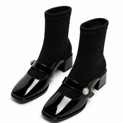 Women's Patent Leather-Toe Block-heel Martin Boots