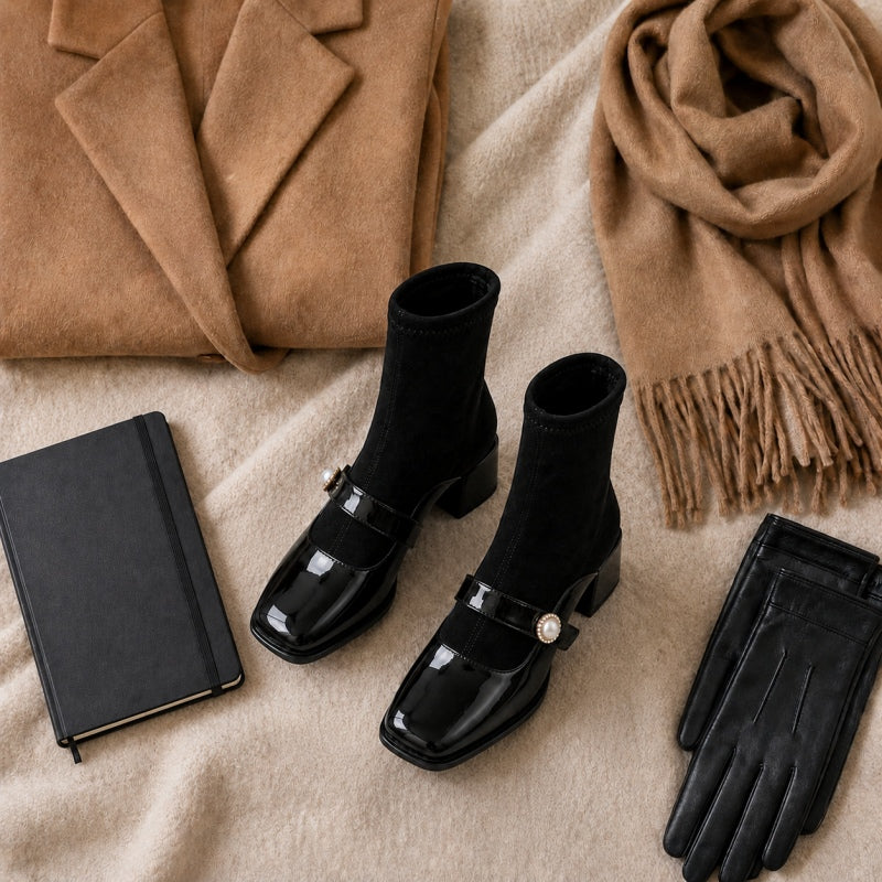 Women's Patent Leather-Toe Block-heel Martin Boots