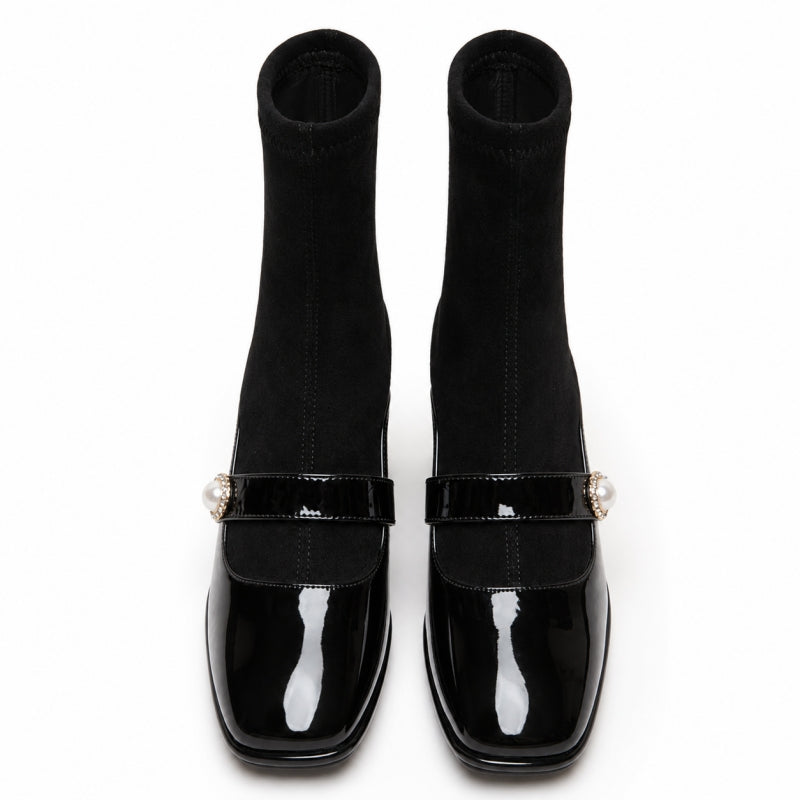 Women's Patent Leather-Toe Block-heel Martin Boots