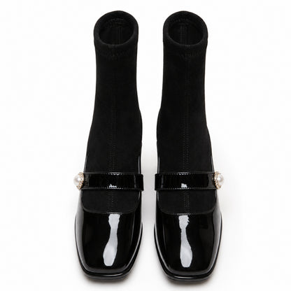 Women's Patent Leather-Toe Block-heel Martin Boots