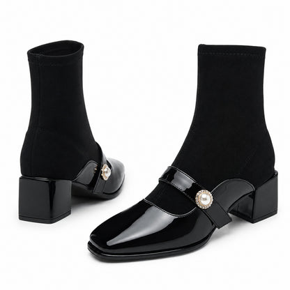 Women's Patent Leather-Toe Block-heel Martin Boots