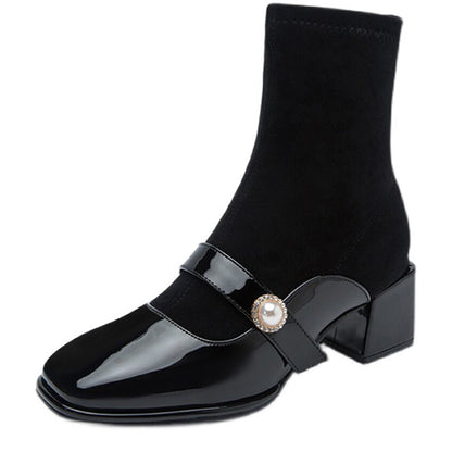 Women's patent leather-toe block-heel Martin boots