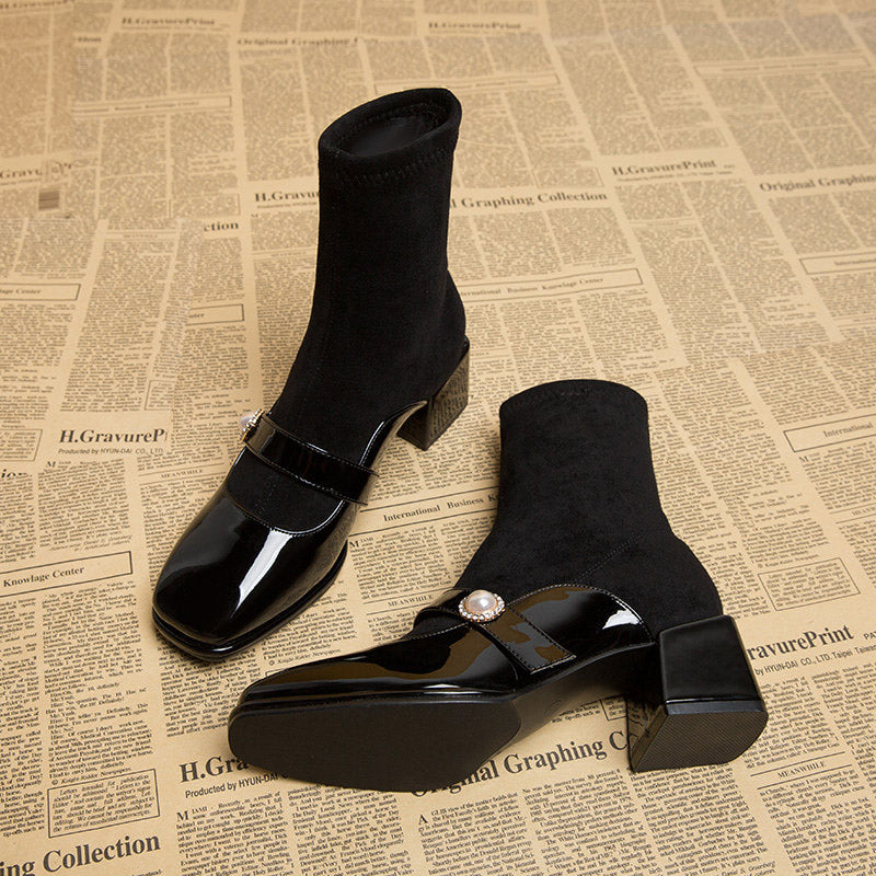 Women's patent leather-toe block-heel Martin boots