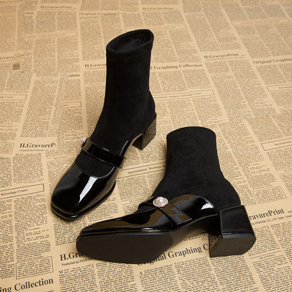 Women's patent leather-toe block-heel Martin boots