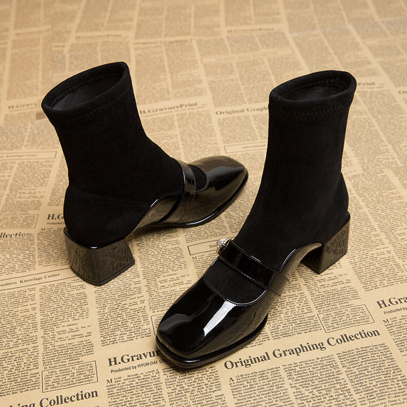 Women's patent leather-toe block-heel Martin boots