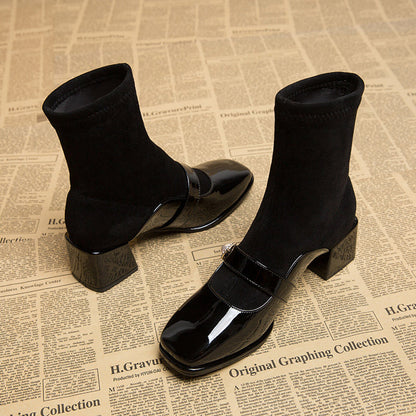 Women's patent leather-toe block-heel Martin boots
