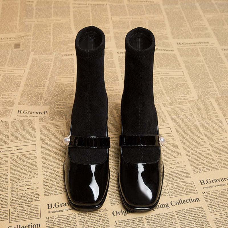 Women's patent leather-toe block-heel Martin boots