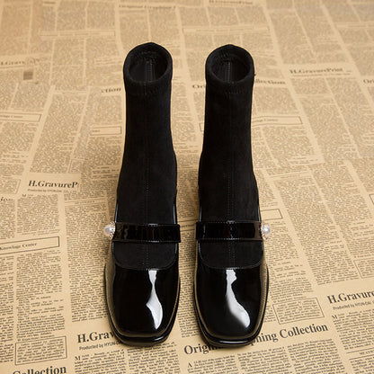 Women's patent leather-toe block-heel Martin boots