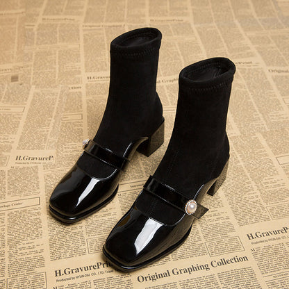 Women's patent leather-toe block-heel Martin boots